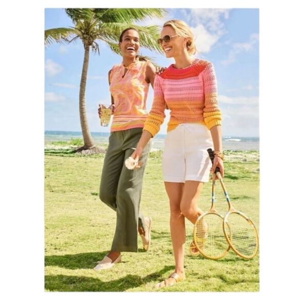 Talbots Spring Open Stitch Knit Sweater Pink Colorblock Pullover Sz M NWT - Picture 2 of 9